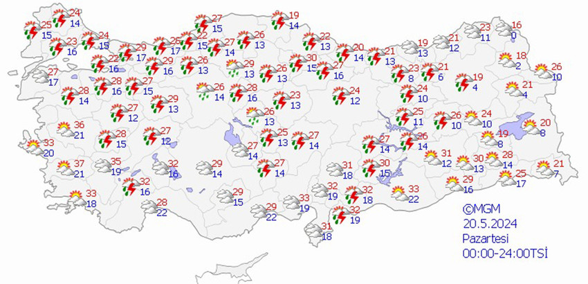 20 Mayıs Pazartesi hava tahmin haritası