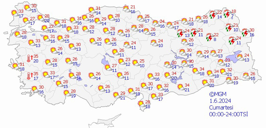 1 Haziran Cumartesi Türkiye geneli hava durumu tahmin haritası