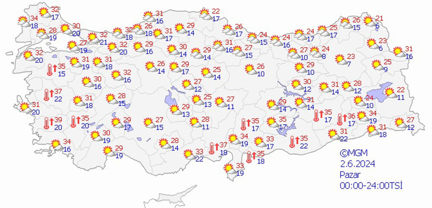 2 Haziran Pazar Türkiye geneli hava durumu tahmin haritası