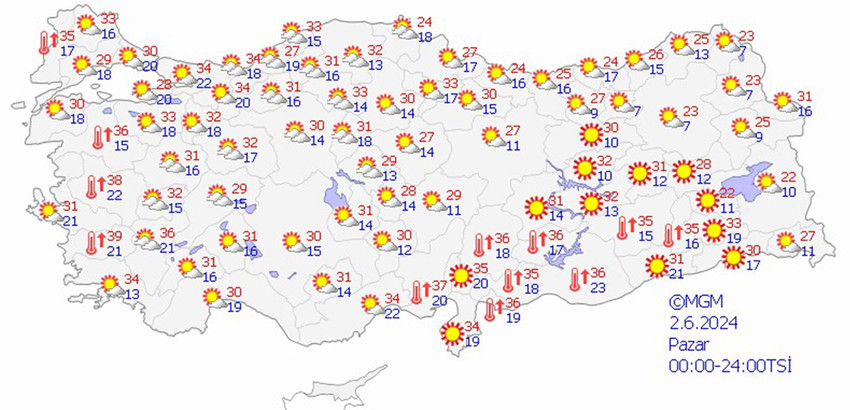 2 Haziran Pazar hava durumu tahmin haritası