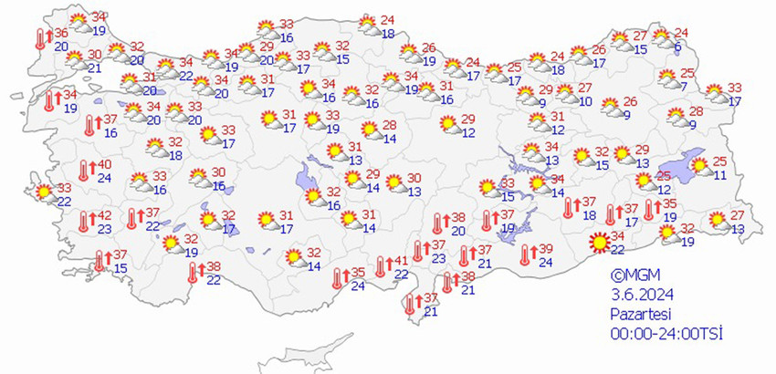 3 Haziran Pazartesi hava durumu tahmin haritası