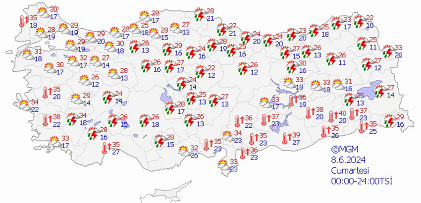 8 Haziran Cumartesi hava durumu tahmin haritası