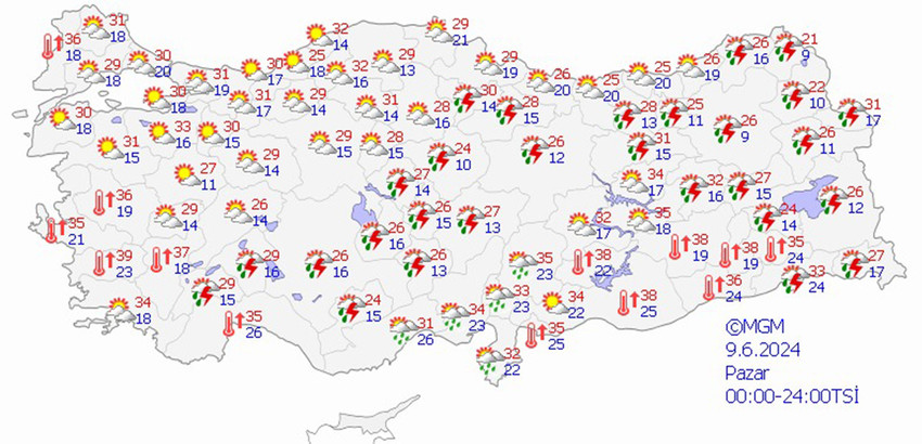 9 Haziran Pazar hava durumu tahmin haritası