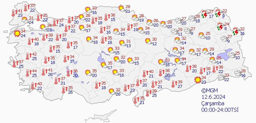 12 Haziran Çarşamba hava durumu tahmin haritası