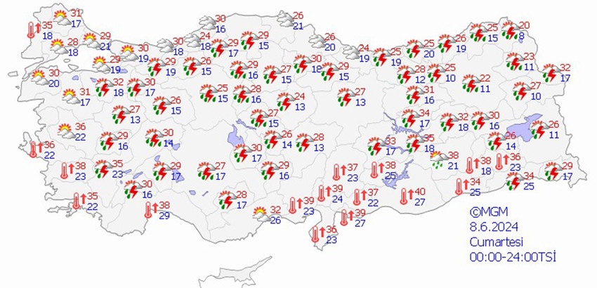 8 Haziran Cumartesi hava tahmin haritası