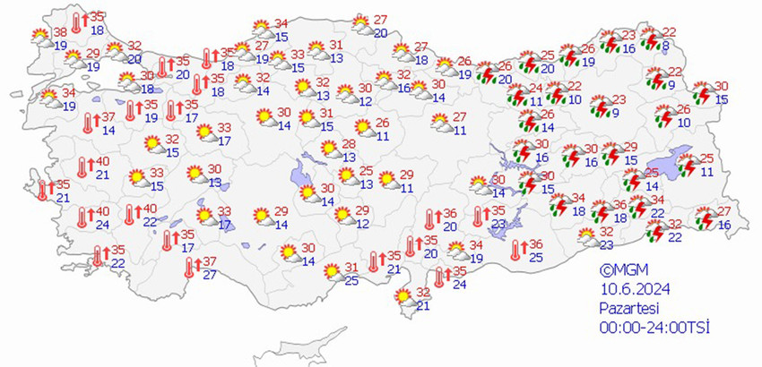 10 Haziran Pazartesi hava tahmin haritası