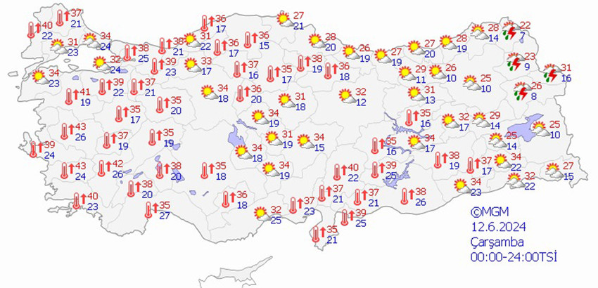 12 Haziran Çarşamba hava tahmin haritası