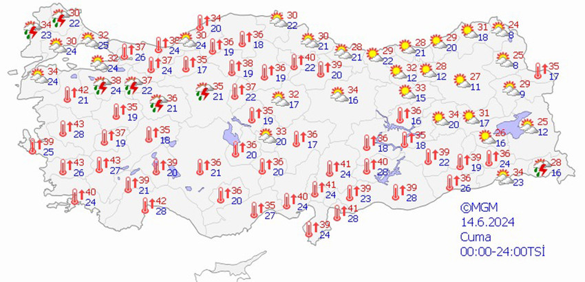 14 Haziran Cuma hava tahmin haritası