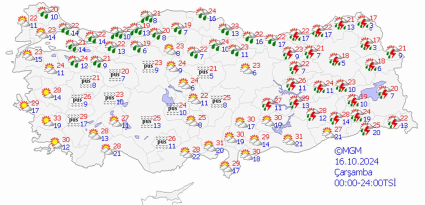 16 EKİM ÇARŞAMBA HAVA DURUMU: