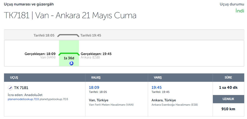 TK7181 | Van - Ankara 21 Mayıs Cuma