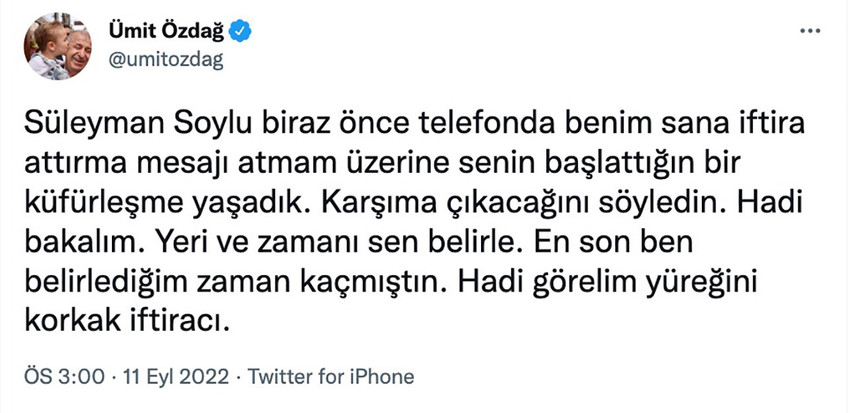 Ümit Özdağ, Süleyman Soylu'ya yine meydan okudu: Biraz önce telefonda küfürleştik - Resim : 1