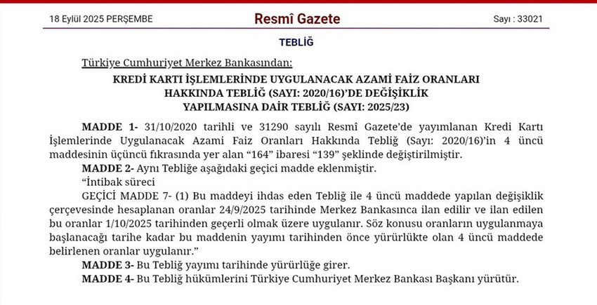 Türkiye Cumhuriyet Merkez Bankası, kredi kartı nakit çekim ve kredili mevduat hesabı (KMH) faiz oranlarında 25 baz puanlık indirime gitti.