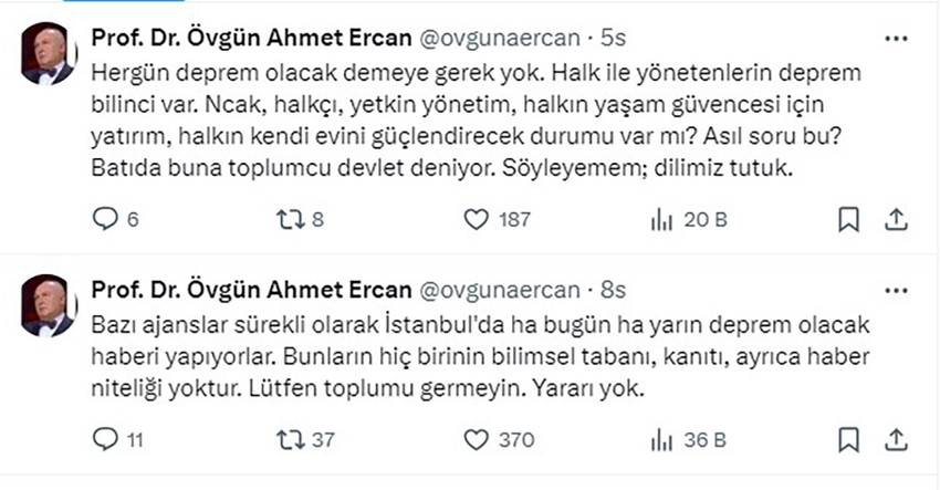 Jeofizik mühendisi Prof. Dr. Övgün Ahmet Ercan, İstanbul depremiyle ilgili ''Eli kulağında'' şeklinde açıklama yapan Naci Görür'ü isim vermeden eleştirdi.