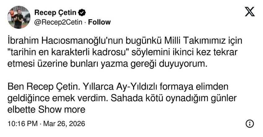 Dünya Kupası yolunda Romanya engelini 1-0 ile geçen Millilerde zafer kutlamalarını yerini sert tartışmalara bıraktı! TFF Başkanı İbrahim Hacıosmanoğlu'nun güncel kadro için kullandığı "Tarihin en karakterli ve kaliteli kadrosu" sözleri, Beşiktaş ve Milli Takım'ın unutulmaz ismi Recep Çetin’i isyan ettirdi.
