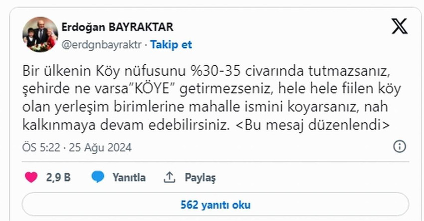 AK Partili eski bakan Erdoğan Bayraktar, sosyal medya hesabından yaptığı paylaşımda iktidarın kırsal kalkınma planına yönelik “Nah kalkınmaya devam edebilirsiniz” ifadelerini kullandı.