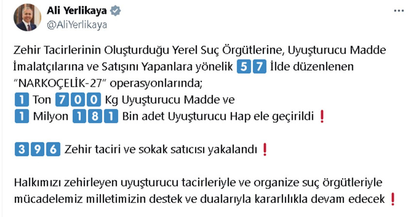 İçişleri Bakanı Ali Yerlikaya, uyuşturucu tacirlerine yönelik 57 ilde düzenlenen operasyonlarda 396 şüphelinin yakalandığını duyurdu.