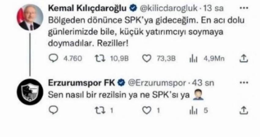 Erzurumspor resmi hesabından, Kılıçdaroğlu'na ağır hakaret