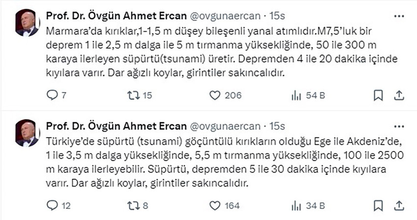 Prof. Dr. Ahmet Ercan, Marmara'da 7.5 büyüklüğünde bir deprem meydana gelmesi durumunda dalga boyunun 2.5 metreye ulaşabileceğini söyledi. 