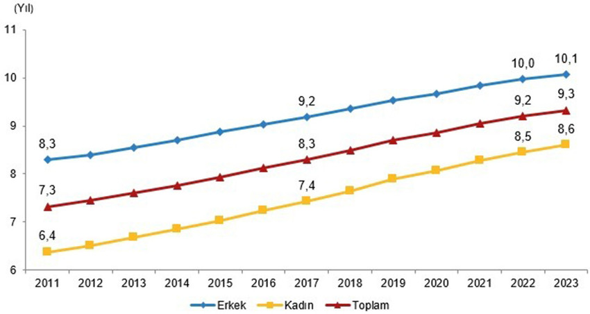 TÜİK 2023 yılı ulusal eğitim istatistiklerine göre Türkiye'de ortalama eğitim süresi 2023'te 9,3 yıl olurken, yükseköğretim mezunlarının oranı 25 yaş ve üzeri nüfusta yüzde 24,6'ya çıktı.