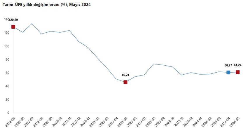 TÜİK verilerine göre, tarım ürünleri üretici fiyatları mayıs ayında yüzde 0.91 azaldı, yıllık bazda ise yüzde 61.24 arttı. 