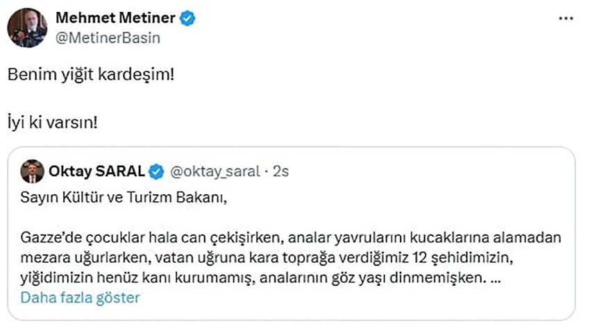 Cumhurbaşkanı Başdanışmanı Oktay Saral'ın, Kültür ve Turizm Bakanı Mehmet Nuri Ersoy'a yönelik eleştirisi AK Parti içinde tartışma yarattı. Eski milletvekili Selim Gültekin, Saral’a tepki gösterirken, Saral'a destek veren eski vekil Mehmet Metiner ise paylaşımını sildi.