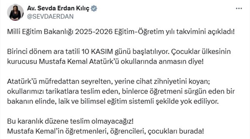 Milli Eğitim Bakanlığı'nın açıkladığı yeni eğitim öğretim yılı takvimine göre, ara tatilin 10 Kaısm'da başlayacak olması CHP'li vekillerin tepkisini çekti. CHP Denizli Milletvekili Gülizar Biçer Karaca, ''Yazıklar olsun'' diyerek tepki gösterdi. 
