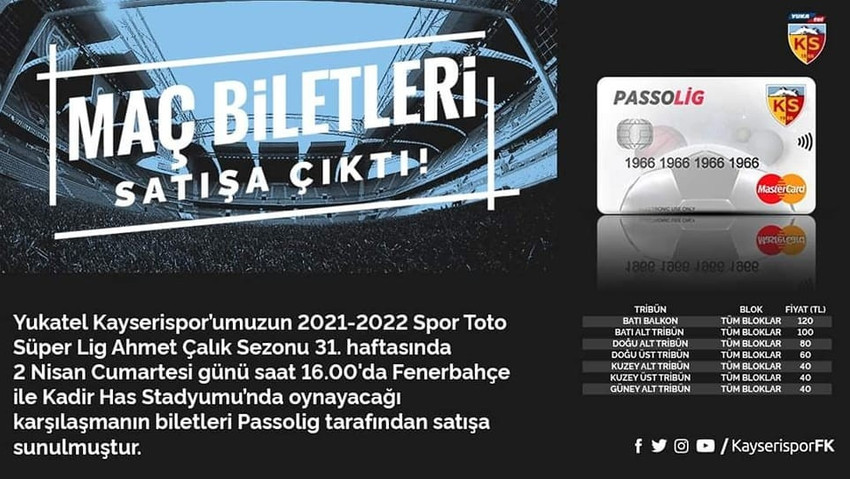 Kayserispor - Fenerbahçe maçının biletleri satışta! İşte bilet fiyatları - Resim : 1