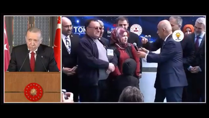 Cumhurbaşkanı Erdoğan'ın canlı yayın bağlantısıyla katıldığı Deprem Konutları Kura ve Anahtar Teslim Töreni'nde, Erdoğan'ın 