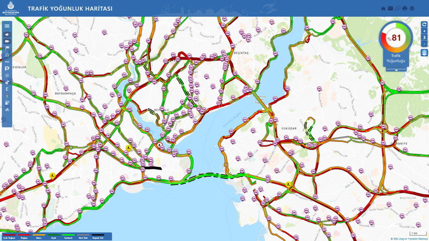 İstanbul'da akşam saatlerinde etkili olan yağmurla birlikte trafik yoğunluğu yüzde 81'e ulaştı. 