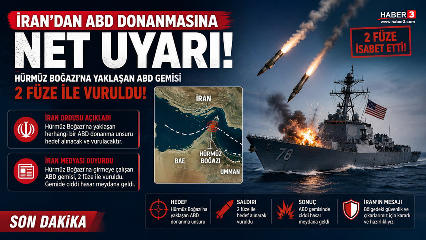 İran ordusu, H&uuml;rm&uuml;z Boğazı'na girmeye &ccedil;alışan bir ABD savaş gemisinin uyarıları dikkate almadığı gerek&ccedil;esiyle 2 f&uuml;zeyle vurulduğunu iddia etti. Tahran'dan 