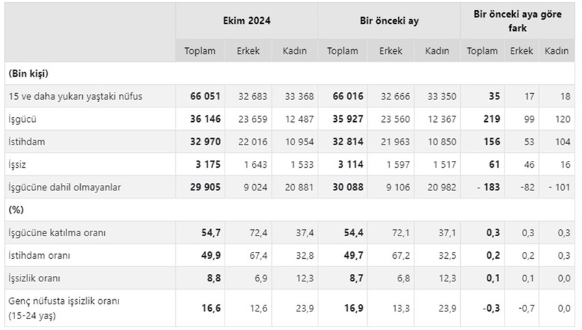 Türkiye İstatistik Kurumu ekim ayına ilişkin işsizlik rakamlarını açıkladı. TÜİK'e göre Ekim 2024'te mevsim etkisinden arındırılmış işsizlik oranı %8,8 seviyesinde gerçekleşti