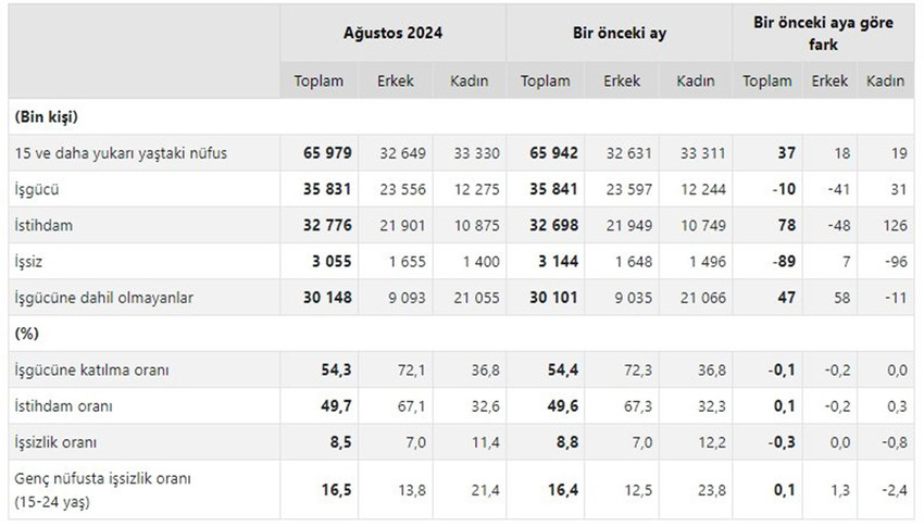 T&uuml;rkiye İstatistik Kurumu ağustos ayına ilişkin işsizlik rakamlarını a&ccedil;ıkladı.