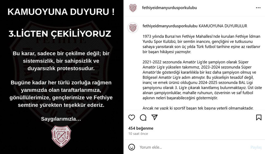 Bölgesel Amatör Ligi'nde şampiyon olarak TFF 3'üncü Lig'e yükselen Bursa temsilcisi Fethiye İdman Yurdu Spor Kulübü, maddi imkansızlıklar nedeniyle ligden çekildiğini açıkladı. 