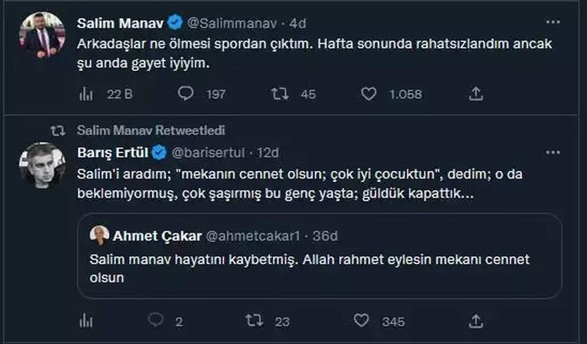 Ahmet Çakar'ın "öldü" dediği Salim Manav Tweet attı