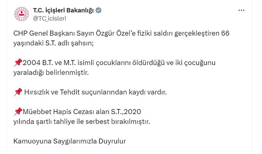 CHP lideri Özgür Özel'e yumruk atan  S.T. isimli şahsın 3 suçtan sabıkası olduğu ortaya çıktı. Şüphelinin 2004 yılında iki çocuğunu öldürdüğü öğrenildi.