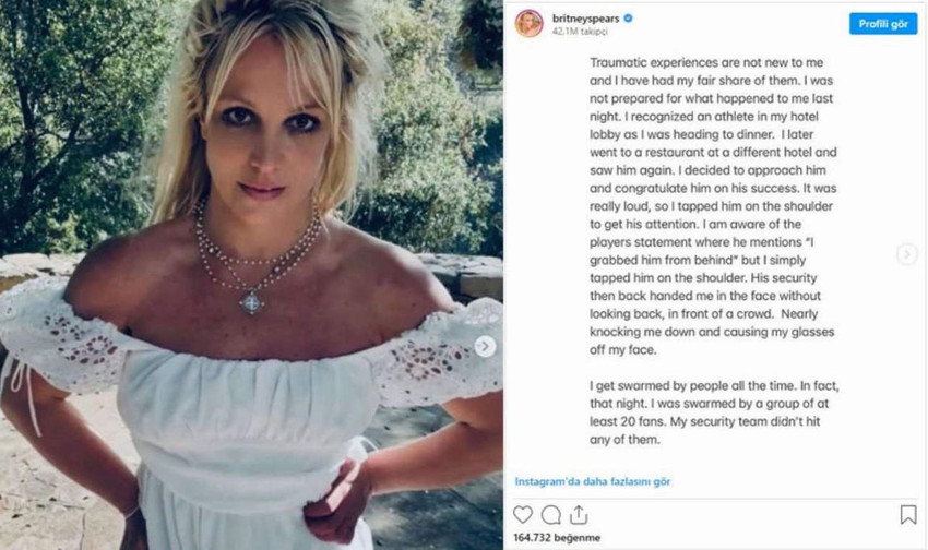 ABD'li müzik yıldızı Britney Spears, Çarşamba gecesi sosyal medyadan paylaştığı bir iletisinde, ABD'li bir basketbol yıldızının güvenlik görevlisi tarafından 'tokatlandığını' duyurdu.