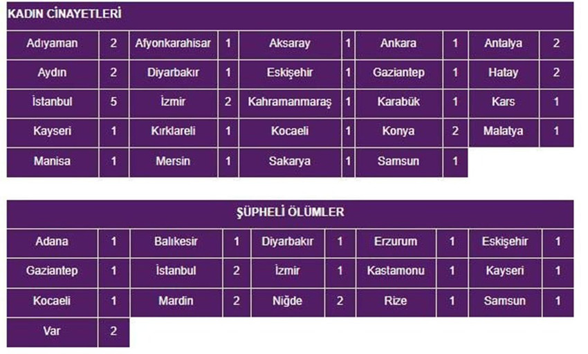 Kadın Cinayetlerini Durduracağız Platformu 2024 eylül ayı raporuna göre, 30 günlük eylül ayında 34 kadın katledildi, 20 kadının ölü ise şüpheli bulundu. 18 kadının ise hangi bahaneyle öldürüldüğü tespit edilemedi.