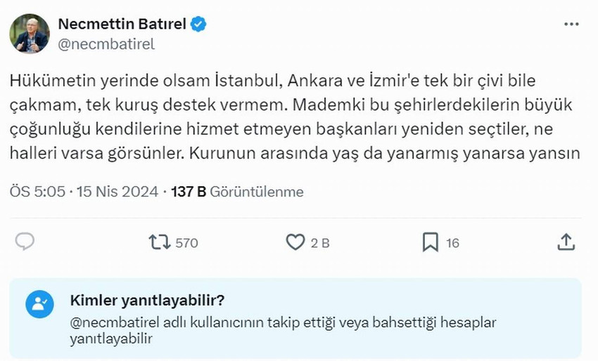 Yıllar önce ünlü ekonomist ve akademisyen Prof. Dr. Özgür Demirtaş ile canlı yayındaki tartışmasıyla gündem olan Necmettin Batırel, AK Parti'nin yenilgisi sonrası İstanbul, Ankara ve İzmir'e tek bir çivi bile çakılmaması gerektiğini söyledi.