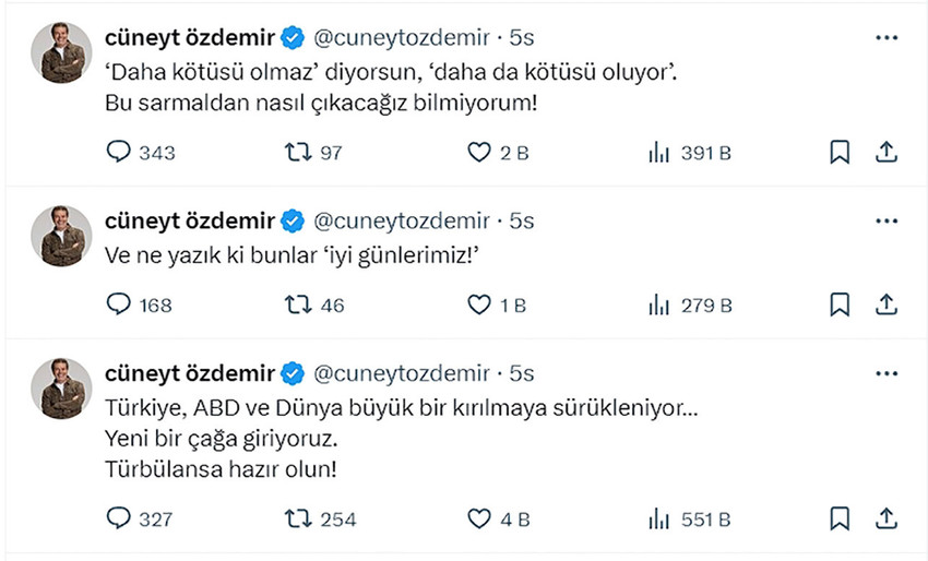 ABD Başkanı Donald Trump'ın gümrük tarifelerini açıklamasının ardındanı piyasalar çakıldı. Gazeteci Cüneyt Özdemir, sosyal medya hesabından yaptığı paylaşımla dikkat çekti. Özdemir, ''Yeni bir çağa giriyoruz, türbülansa hazır olur'' dedi.