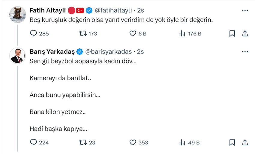 Gazeteci Barış Yarkadaş, Fatih Altaylı ve muhalif medya kuruluşları hakkında bir paylaşımda bulundu. Altaylı ise Yarkadaş'a sert bir yanıt verdi. 