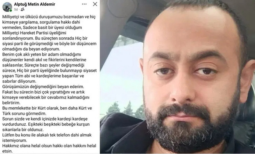 MHP Körfez İlçe Teşiklatı eski yöneticilerinden Aktuğ Metin Aldemir, "Terörsüz Türkiye" adı verilen süreç üzerine yaptığı sert açıklamayla partisinden istifa ettiğini duyurdu.