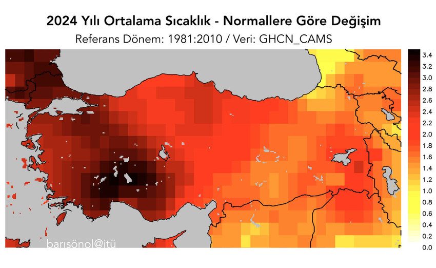 İstanbul Teknik &Uuml;niversitesi'nden (İT&Uuml;) atmosfer- iklim bilimci Prof. Dr. Barış &Ouml;nol, 2024'&uuml;n d&uuml;nya ve T&uuml;rkiye i&ccedil;in &ouml;l&ccedil;&uuml;m tarihinin en sıcak yılı olduğunu a&ccedil;ıkladı.