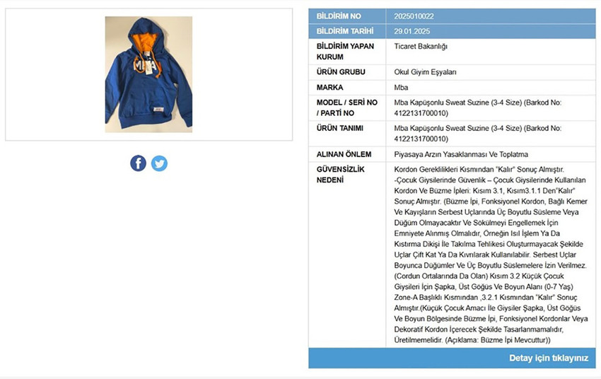 Ticaret Bakanlığı, çocuklar için risk oluşturan kapüşonlu sweat ürününün piyasaya arzını yasakladı ve toplatılmasına karar verdi.