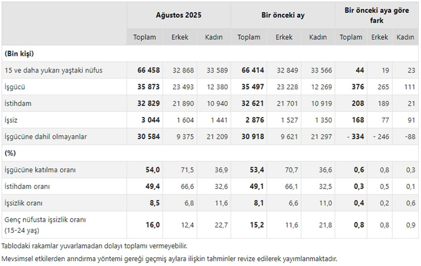 Türkiye İstatistik Kurumu, ağustos ayına ilişkin işsizlik rakamlarını açıkladı. Ağustos ayı işsizlik rakamları Türkiye'de bir türlü çare bulunamayan işsiz sayısının her gün daha da arttığını gözler önüne serdi.