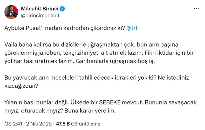 TRT'de yayınlanan Teşkilat dizisinde rol alan Aybüke Pusat, boykot çağrısına destek verdiği için dizininş kadrosundan çıkarıldı. TRT'nin kararı tartışma yaratırken, AK Partili Mücahit Birinci'den tepki geldi. Birinci, ''Yılanın başı bunlar değil. Ülkede bir şebeke mevcut. Bununla savaşacak mıyız, oturacak mıyız? Buna karar verelim'' dedi.