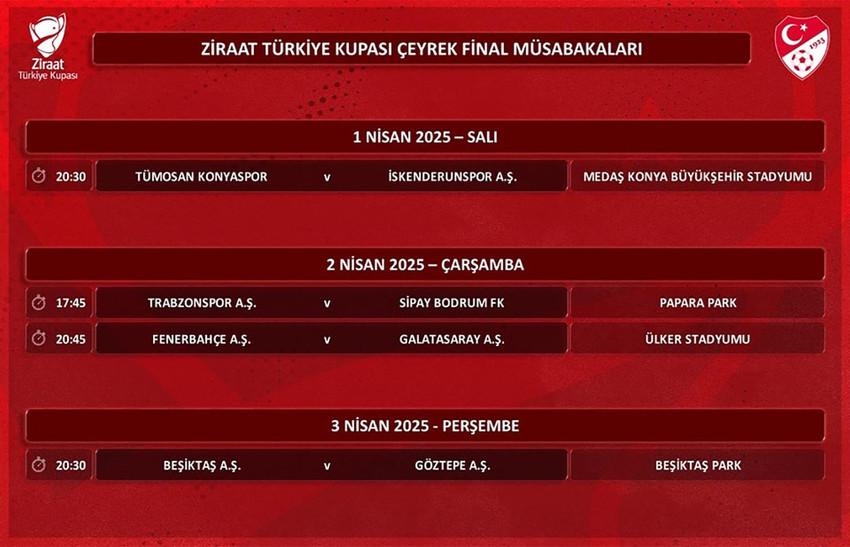 Fenerbah&ccedil;e ve Galatasaray'ın karşı karşıya geleceği Ziraat T&uuml;rkiye Kupası &ccedil;eyrek final m&uuml;sabakası 2 Nisan &Ccedil;arşamba g&uuml;n&uuml; saat 20.45'te oynanacak.