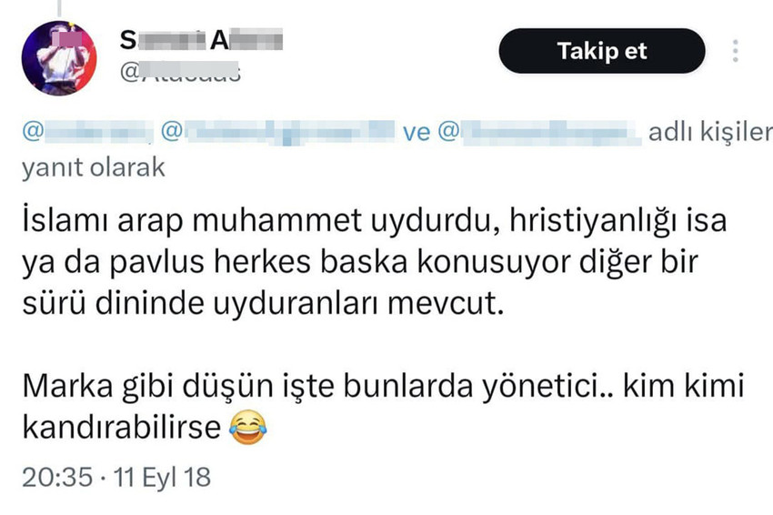 Tekirdağ Büyükşehir Belediyesinin personeli S.A.'ya ait sosyal medya hesabındaki Peygamber Efendimiz'e, dine ve cumhurbaşkanına hakaret paylaşımları kamuoyunda büyük tepki toplamıştı. Zanlı adliyeye sevk edildi.