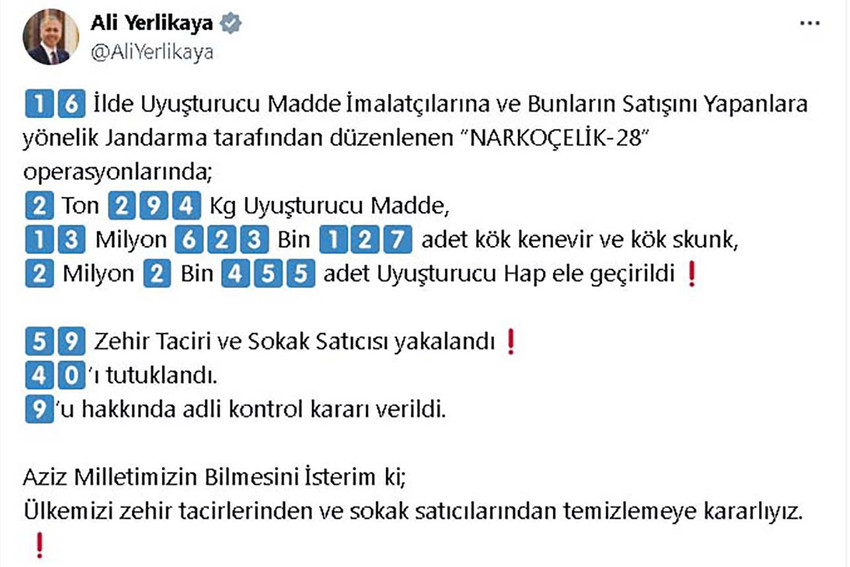 İçişleri Bakanı Ali Yerlikaya, 16 ilde uyuşturucu satıcılarına yönelik operasyonda 59 şüphelinin yakalandığını, 40'ının tutuklandığını açıkladı.