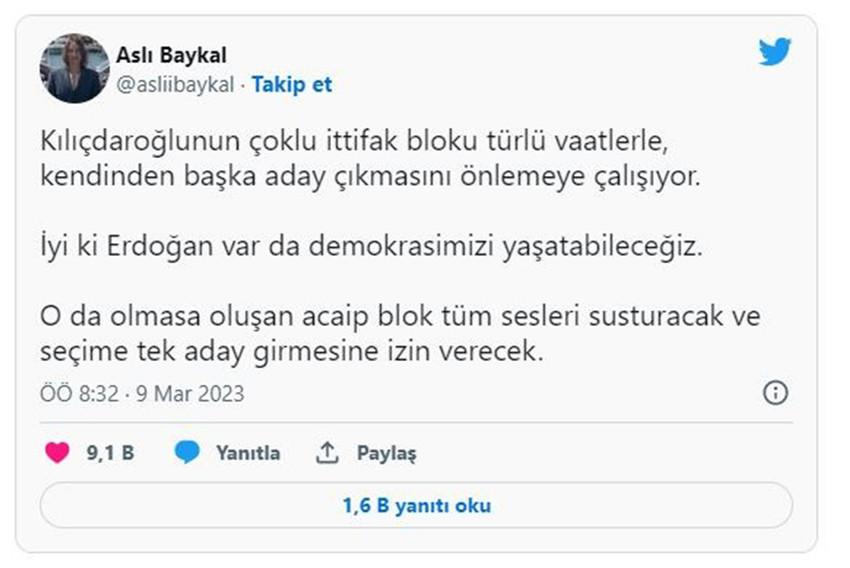 Baykal'ın kızı Aslı Baykal'dan ''İyi ki Erdoğan var'' paylaşımı