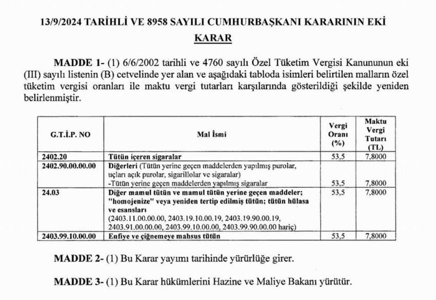 Vergi maktu tutarı da 4,8058 liradan 7,80 liraya yükseltildi.  Karar yürürlüğe girdi.